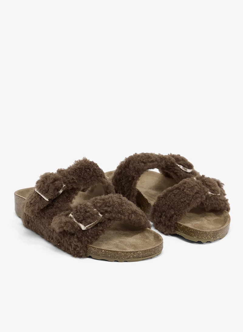 جينجر Fur Buckle Wood Bedroom Slippers
